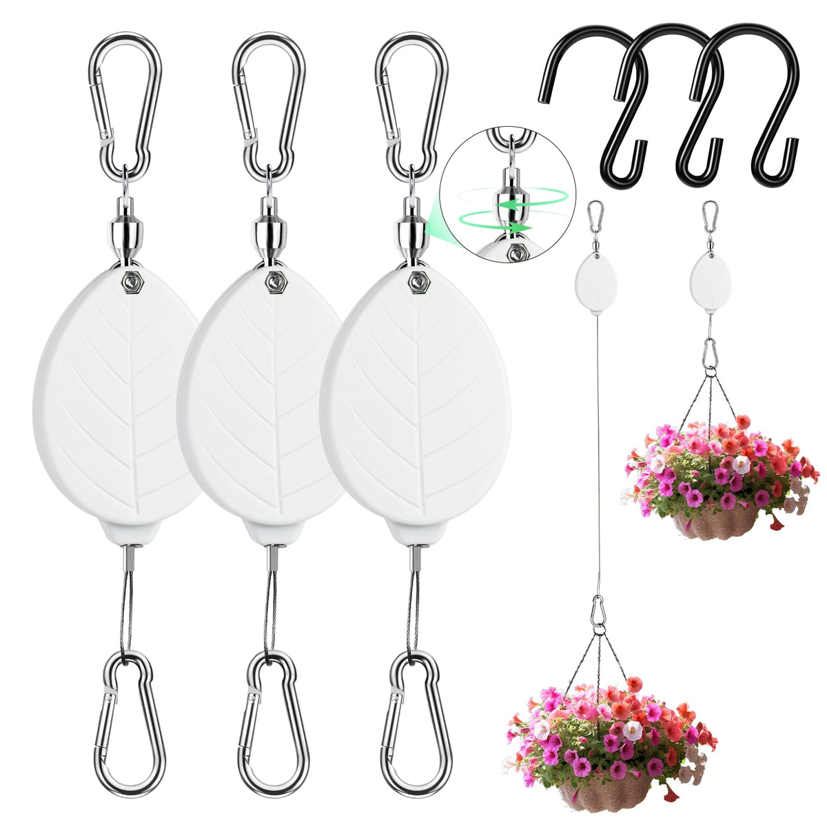 ZUZUAN 2026New 3Pcs Retractable Plant Hanger with Leaf Texture,44Lbs Load Capacity,Auto Lock,Adjustable Hook for Hanging Plants,Bird Feed,Wind Chimes,Garden Pots,Rust-Proof Stainless Steel,White