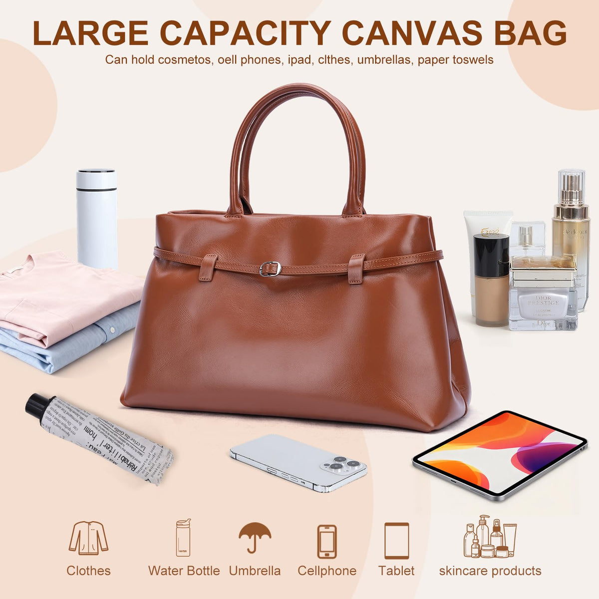 Masa Kawa Genuine Leather Tote Bag for Women with Long Strap, Waterproof Expandable Top-Handle Handbag, Shoulder Crossbody Bag for Daily Work, Caramel Brown