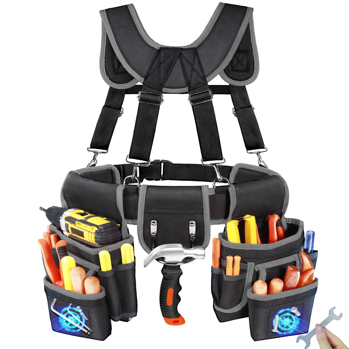 FamilyKit Tool Belt With Suspenders - Magnetic Heavy Duty Tool Belts with 18 Pockets, Tool Pouch with Detachable & Adjustable 32"-66" Waist for Electricians, Carpenters, Framers, Construction,Black