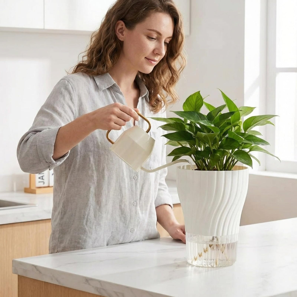 zvsgwj Self-Watering Plant Pots with Wick, Rotating Pattern Planters with Drainage & Inner Pot for Desk Living Room Bedroom Home Decor, 6.3 Inch 2-Pack in White & Clear