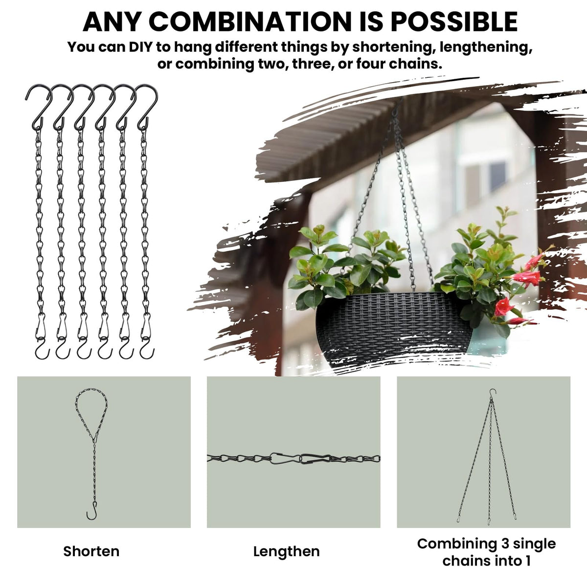 Black Chain for Hanging Plants, 6 PCS Small Chain for Hanging Basket, 24.5IN Hanging Chains with Hooks, Adjustable Plant Chain, Decorative Metal Hanging Basket Chain for Planter, Bird Feeder, Sign