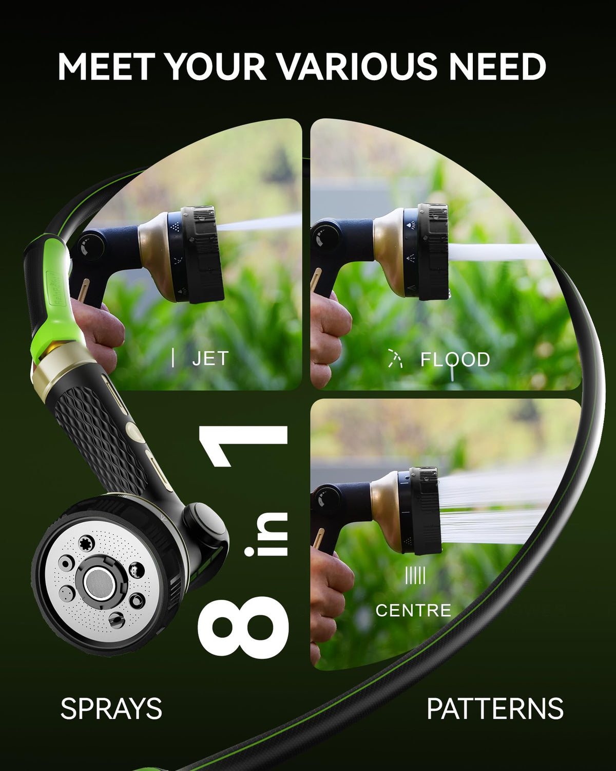 RAINPOINT 100% Metal Hose Nozzle Heavy Duty - 8 Spray Patterns Garden Hose Nozzle with Adjustable Flow Control for Watering Plants, Washing Cars,Washing Pets, Thumb Control (Black)