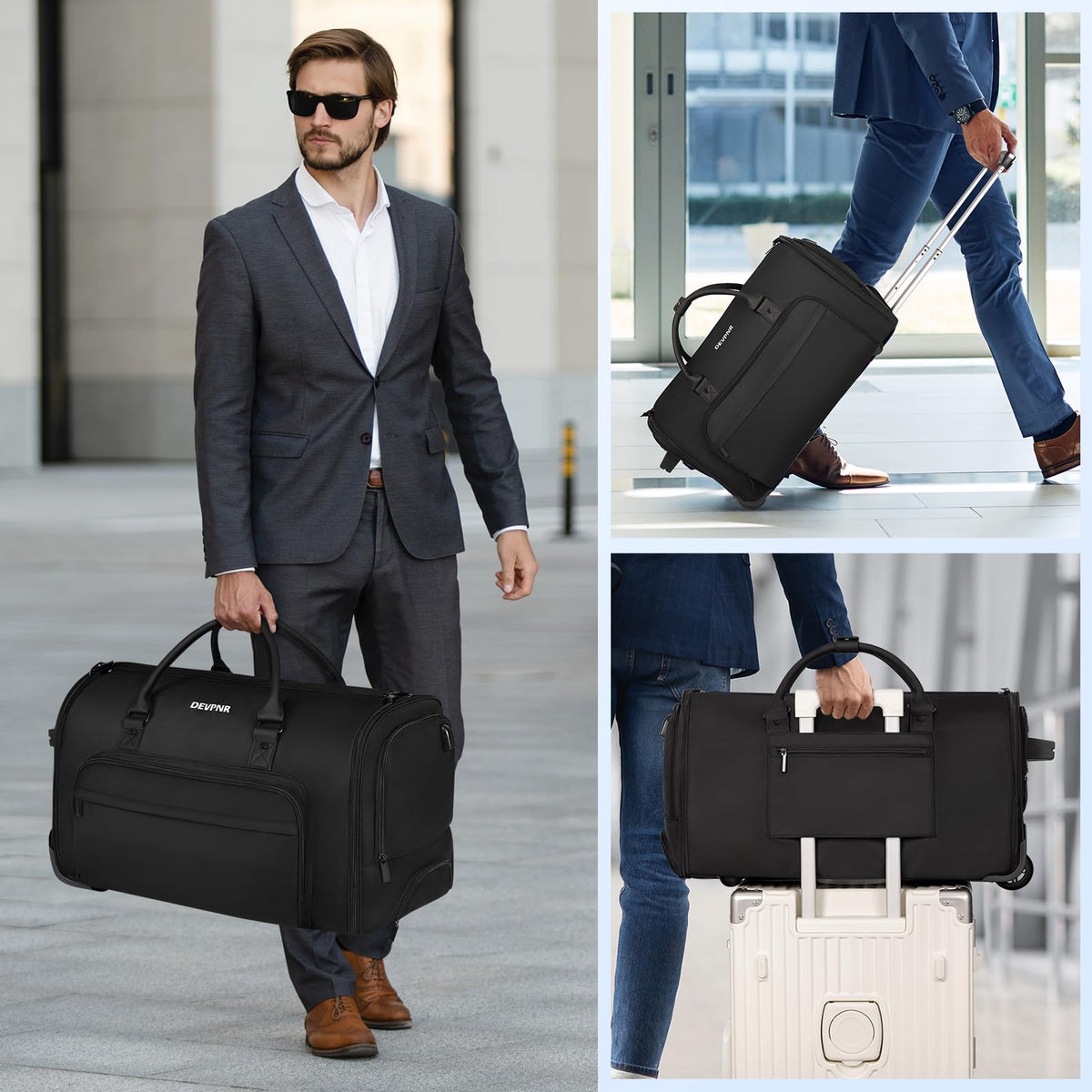 DEVPNR Rolling Garment Bags for Travel, 59L Rolling Duffle Bag with Wheels and Shoe Compartment for Men and Women, 3 in 1 Carry on Convertible Travel Garment Bag with Wheels, Black