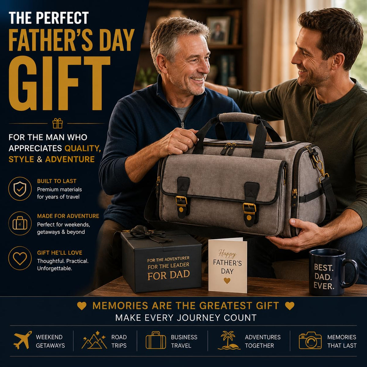 Oversized Canvas Weekender Duffel Bag for Men, Gift for Dad, Genuine Leather Trim & Brass Hardware, 23" Carry-On Travel Bag, Large Overnight Weekend Bag, Gray