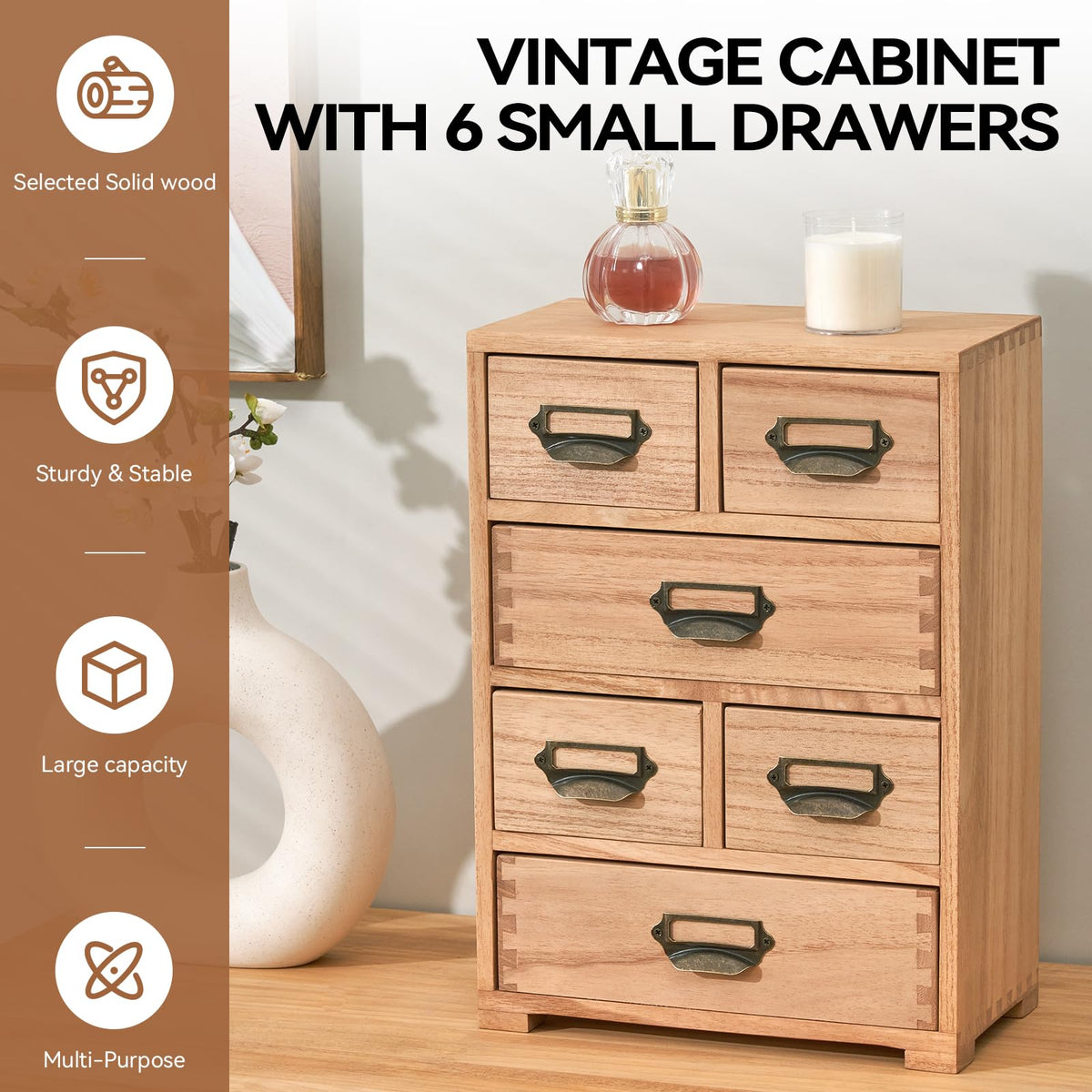 KIRIGEN Wooden Storage Cabinet Organizer Desktop Storage Drawers for Home Office Supplies Natural(4D6CG-NA)