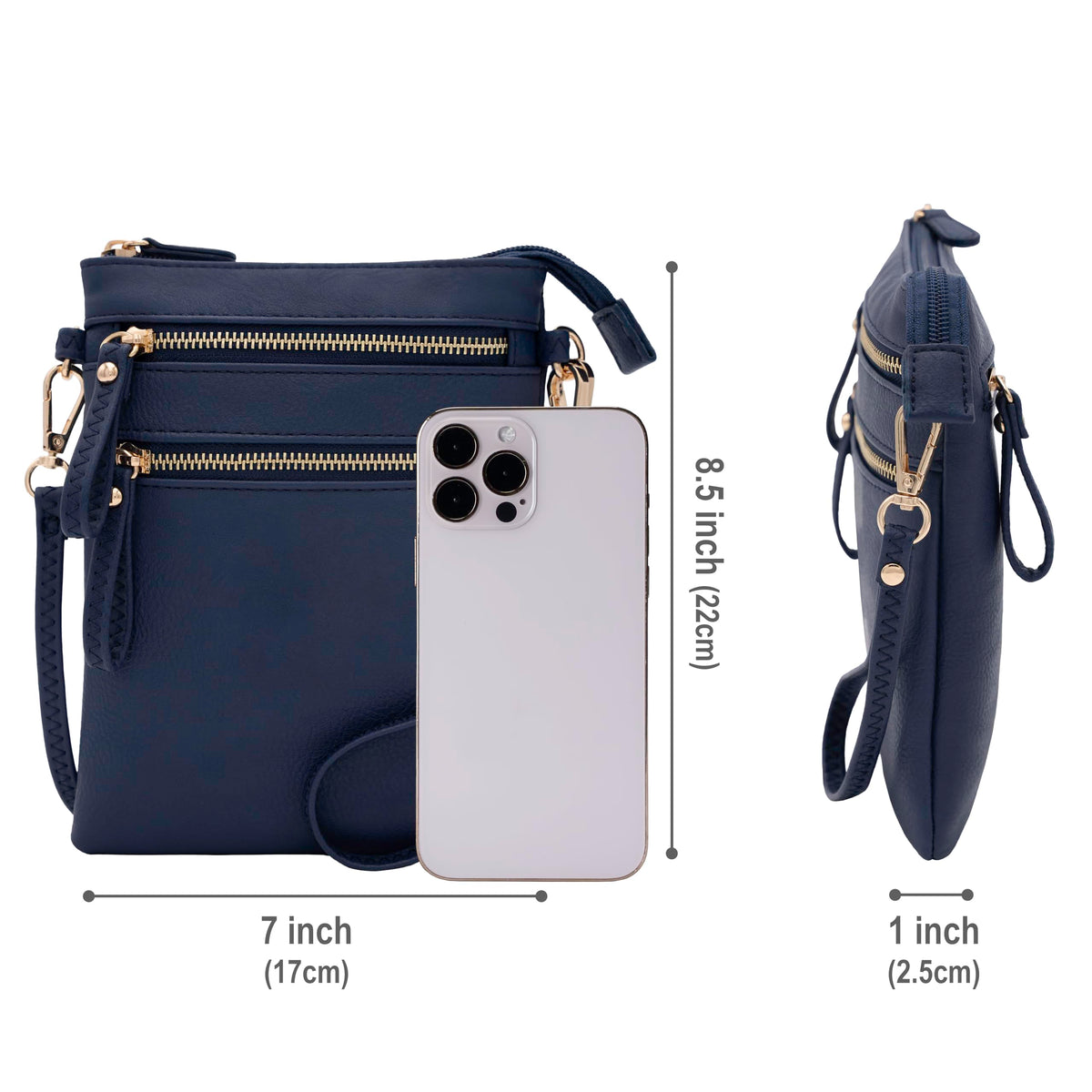 Solene Women's Faux Leather Organizer Multi Zipper Pockets Handbag With Detachable Wristlet Crossbody Bag-WU002(Navy)