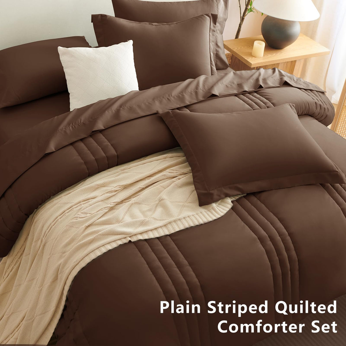 CozyLux Full Size Comforter Sets Brown - 7 Pieces Bed in a Bag, Modern Vertical Quilted Room Decor, Soft All-Season Bedding Gift with Comforter, Sheets, Pillowcases & Shams
