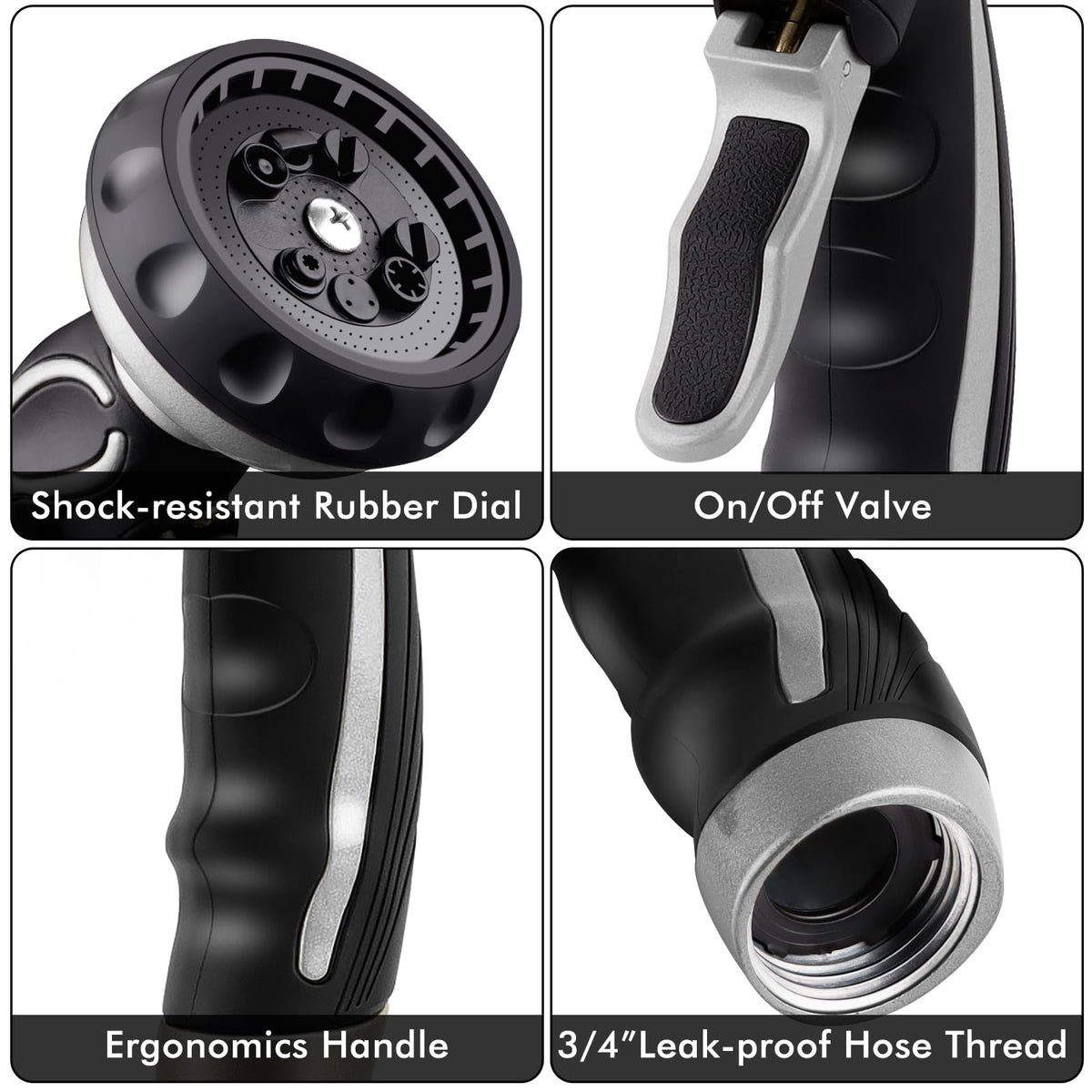 RESTMO Hose Nozzle with Easy Self-Lock Trigger, Heavy Duty Metal Water Hose Sprayer with 9 Spray Patterns and On/Off Valve, Ideal for Outdoor Lawn & Garden Watering, Car & Pet Washing, Silver
