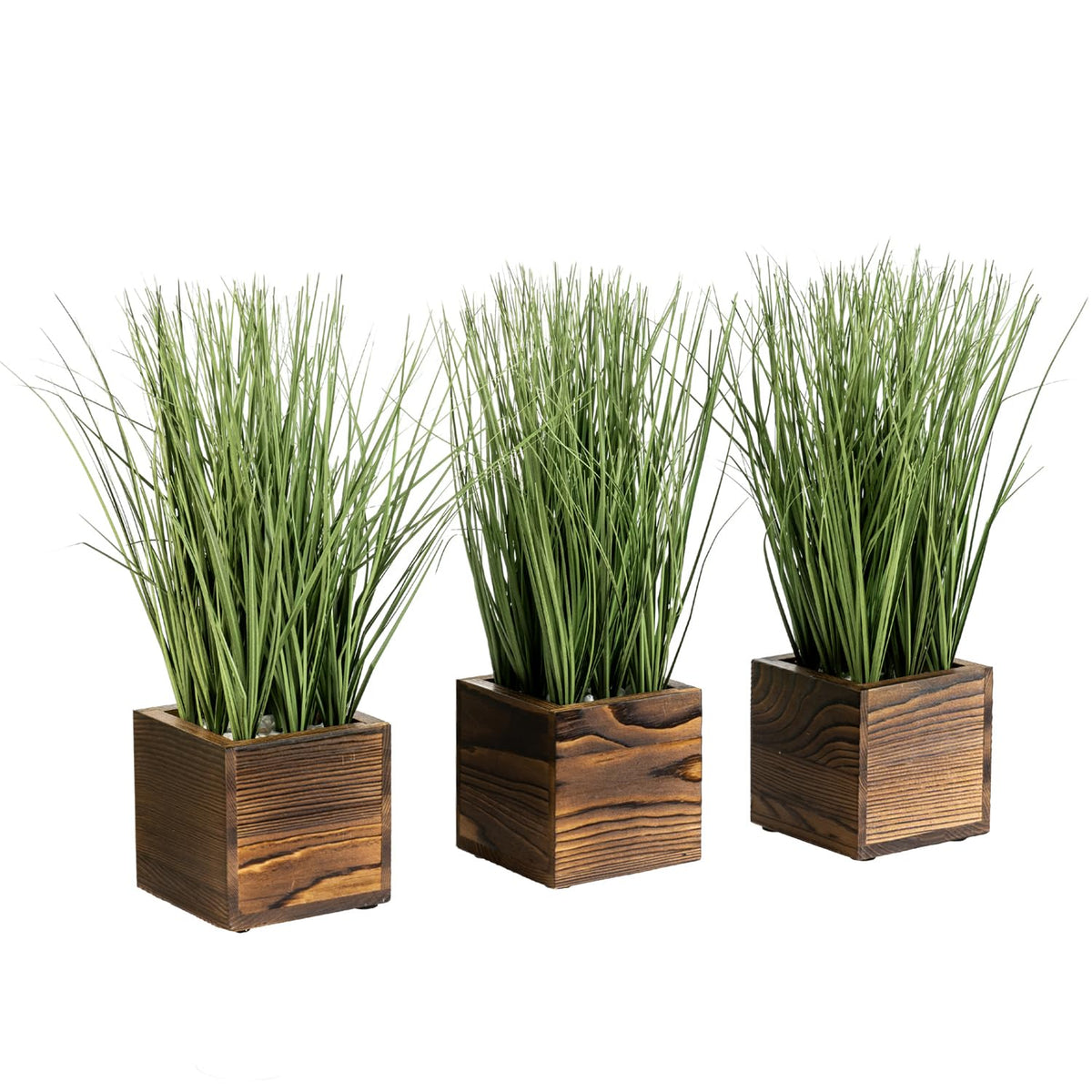 MyGift Artificial Green Grass Plants Trio in Rustic Burnt Solid Wood Planter Boxes, Faux Greenery in Decorative 4 Inch Square Wooden Containers, Set of 3