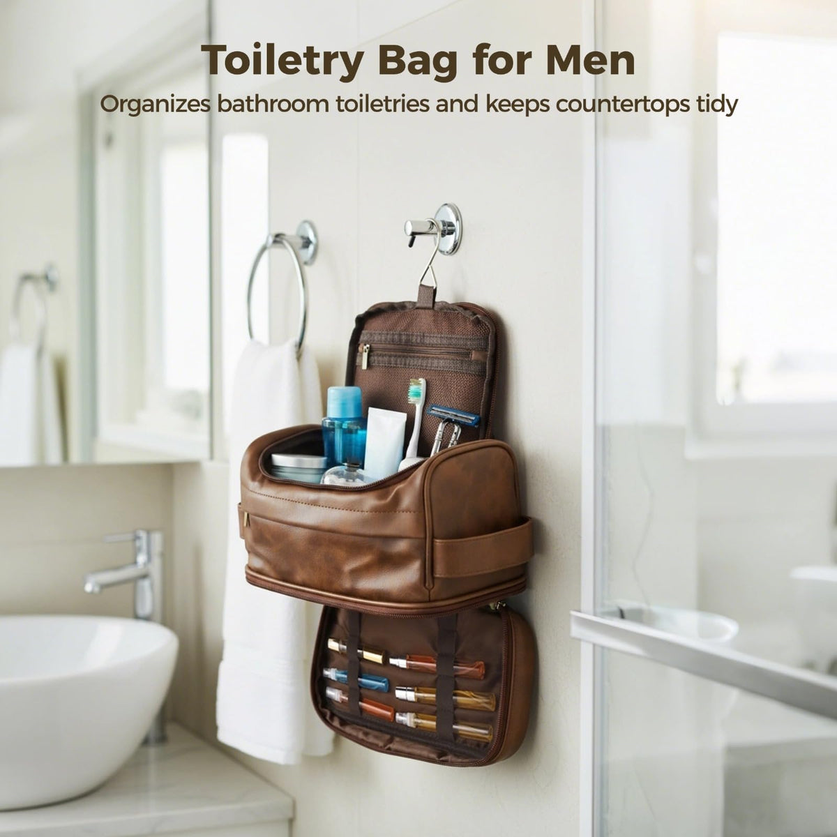 ZALIR Toiletry Bag for Men, PU Leather Waterproof Travel Kit with Hook, Multi-Compartment Shaving Organizer, Double Zipper Portable Cosmetic Bag for Business Trips