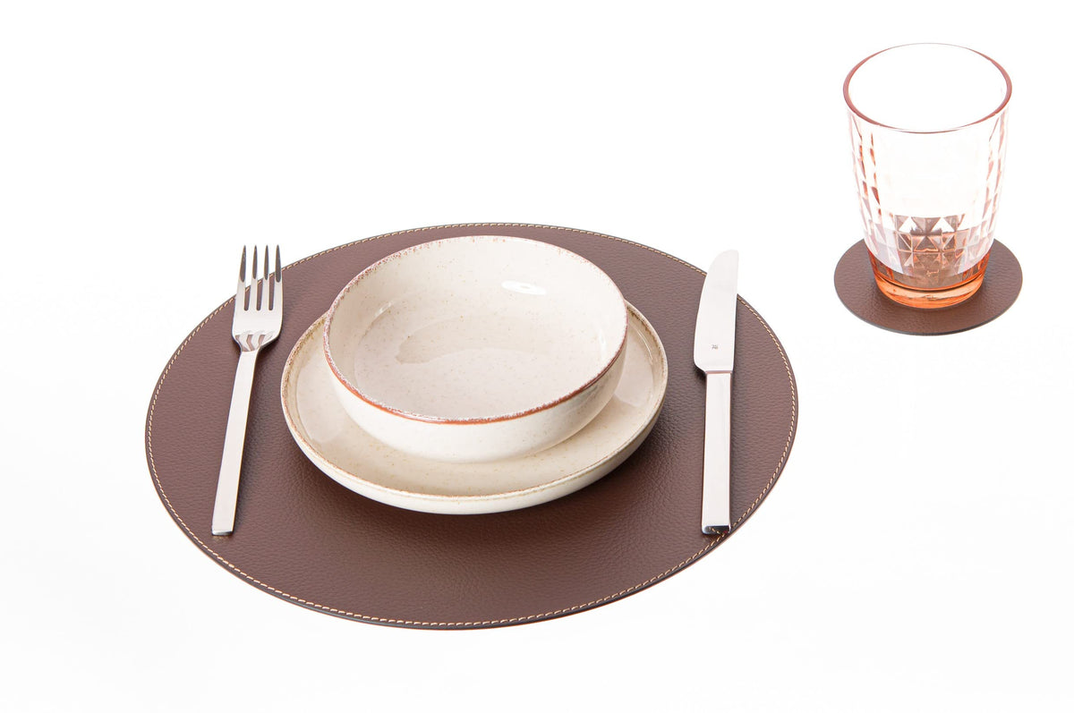 Nikalaz Set of Small Round Brown Placemats and Coasters, 4 Table Mats and 4 Coasters, Place mats 12.99 inches, Recycled Leather (Brown)