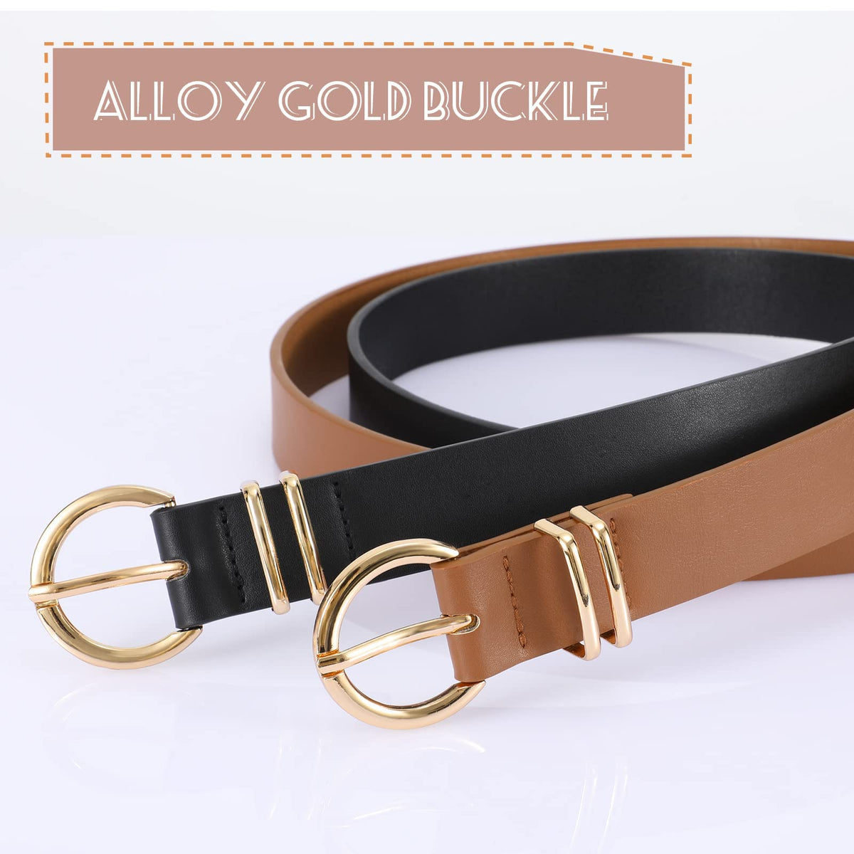 VONMELLI 2 Pack Women's Leather Belts for Jeans Pants Fashion Gold Buckle Ladies Belt Beige Brown M