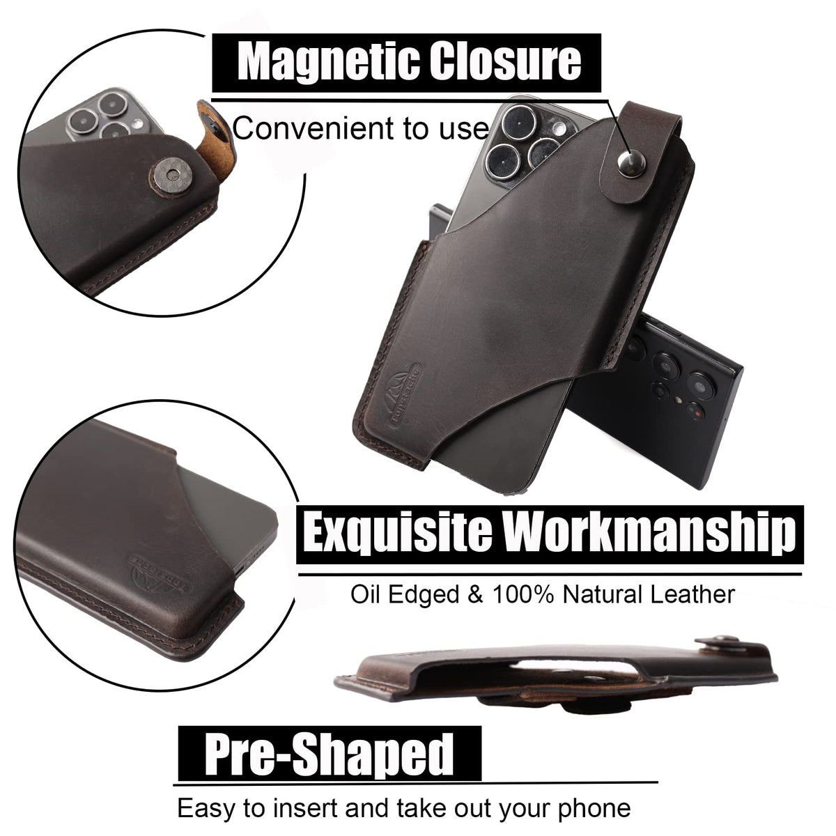 Topstache Leather Phone Holster with Belt Clip for iPhone 17/16/15 Pro Max & Plus - Magnetic Closure Cell Phone Case for Galaxy S25/S24 Ultra - Leather Belt Holder Loop Case, L,Darkbrown