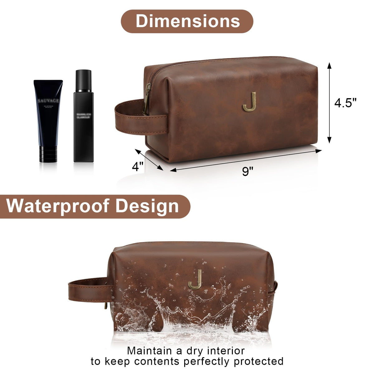 CLOUDWINGS Men’s Father's Day Personalized Gift Initial Travel Toiletry Bag for Him PU Leather Waterproof Shaving Bag for Travel Essentials Birthday Gift for Dad Husband Boyfriend (J)