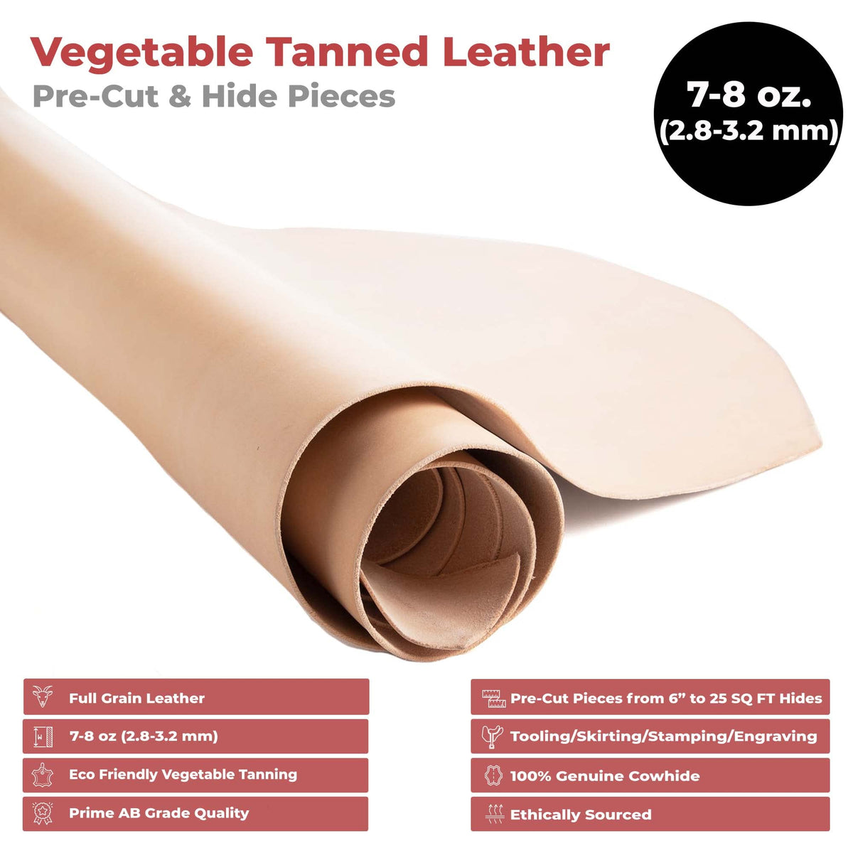 ELW 7-8 oz.(3-3.2 mm) Thickness Pre-Cut Square 2 PCS 12"x24", Tooling Leather Vegetable Tanned Full Grain Leather - Cowhide Leathercraft for Holsters Knife Sheaths Coasters Molding Emboss Stamp Cases