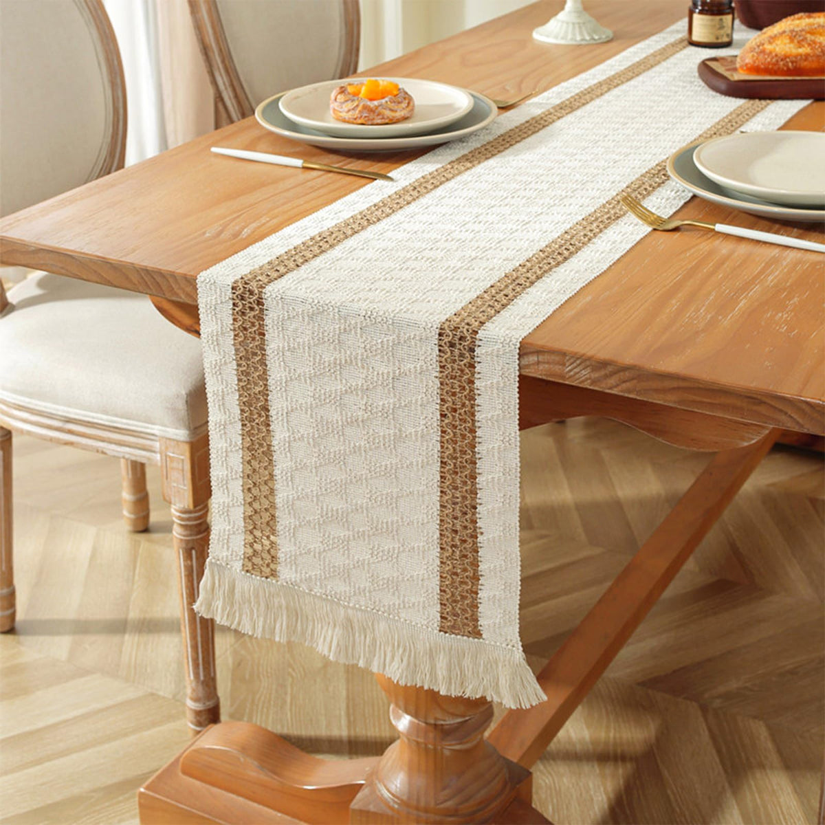 Niviy Boho Table Runner 108 Inches Long Summer Farmhouse Macrame Table Runner Cotton Linen Woven Table Runners for Fall Dining Table Home Decor, Beige & Brown