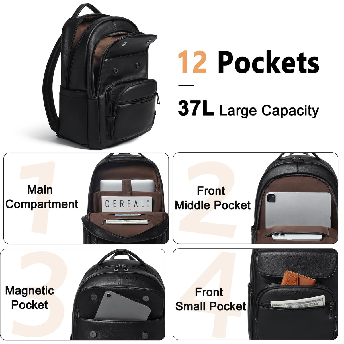Leresas 37L Backpack Purse for Women Mens Work Travel Teacher Back Pack Laptop Business Vegan Leather Backpack Fashion College Computer Bag Black