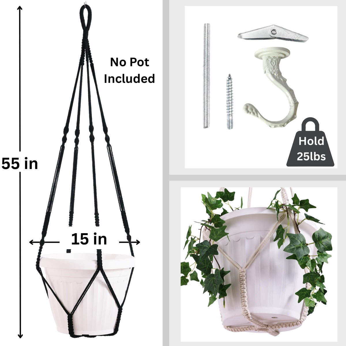 Shineloha Giant XXL 55 Inches Macrame Planter Hanger Large for 15 inch Pot + Swag Hook | Extra Large Hanging Planter for Indoor Plants | No Pot/Plant Included (XXL Black)