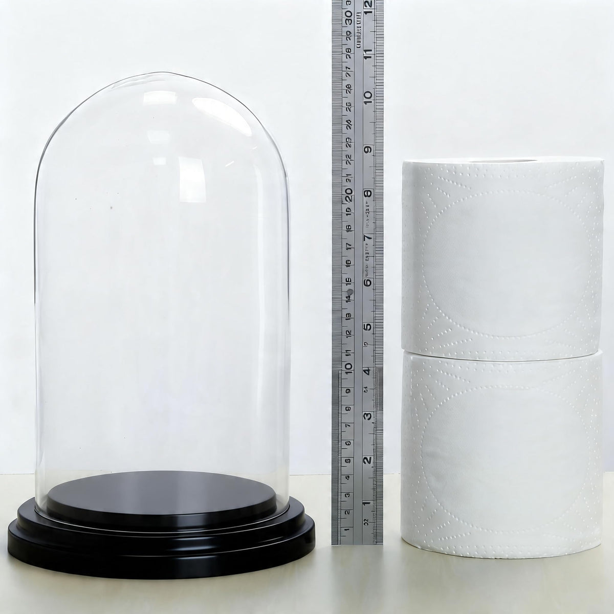 CYS EXCEL Glass Dome Cloche (H:9.25" D:5.5”) with Black Wood Base Decorative Showcase Display for Antique Collectible Bell Jar Terrarium Dessert Cover