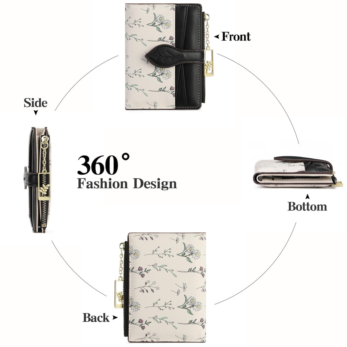 GAEKEAO Small Wallets for Women RFID Blocking Bifold Floral Vegan Leather Wallet Card Holder with Zipper Pocket ID Window