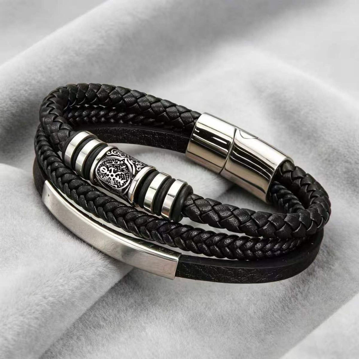 Kim Carrey Italian Handmade Genuine Leather Bracelets for Men Stainless Steel Clip, Men's Casual Genuine Multi-layer Cuff Bracelet, Bracelet Gift for Real Men (8.6" Viking)