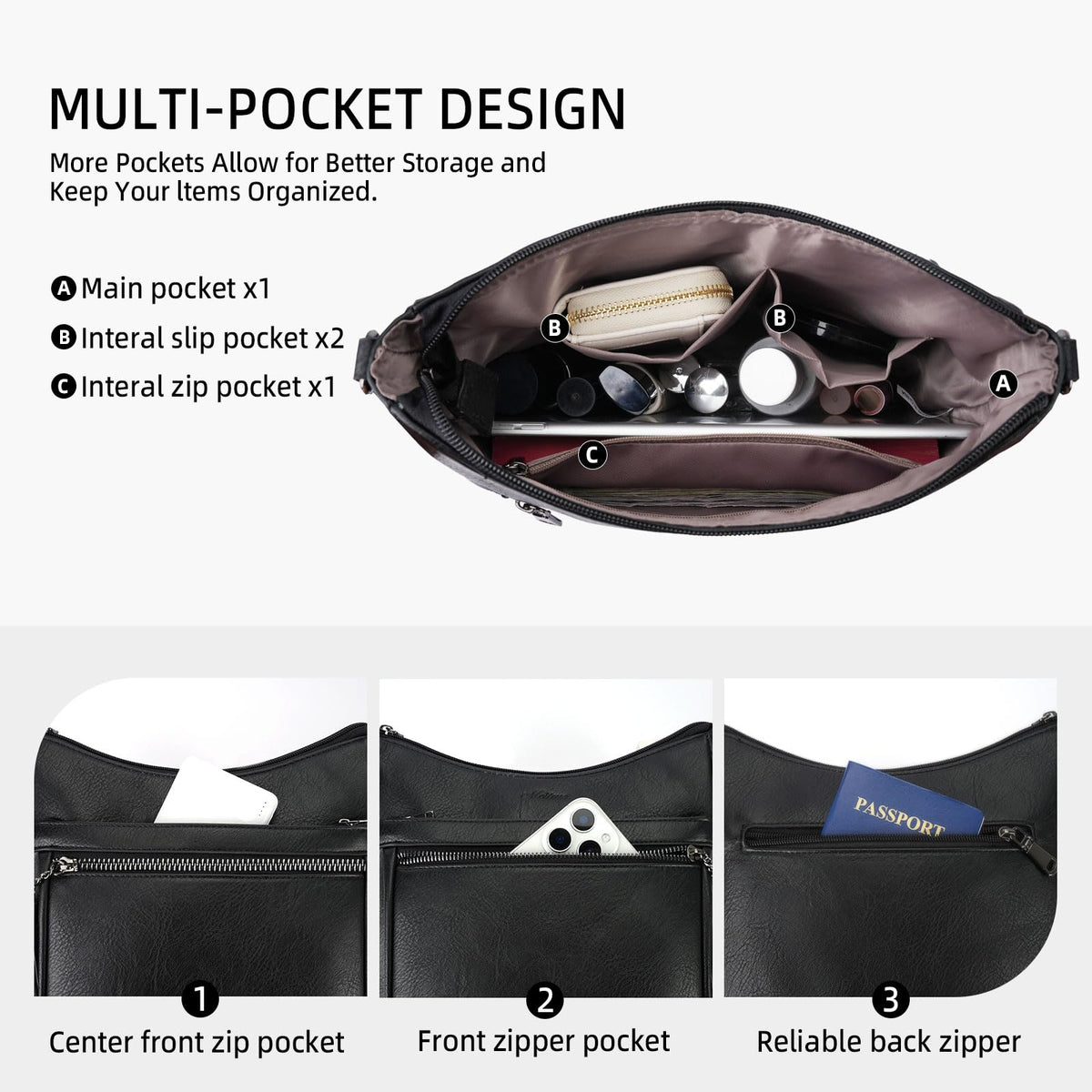 MEITRUE Crossbody Bags for Women Trendy,Vegan Leather Medium Hobo Purse with Tassel Lightweight Shoulder Handbags Multi Pockets Travel Purses Adjustable Strap Black