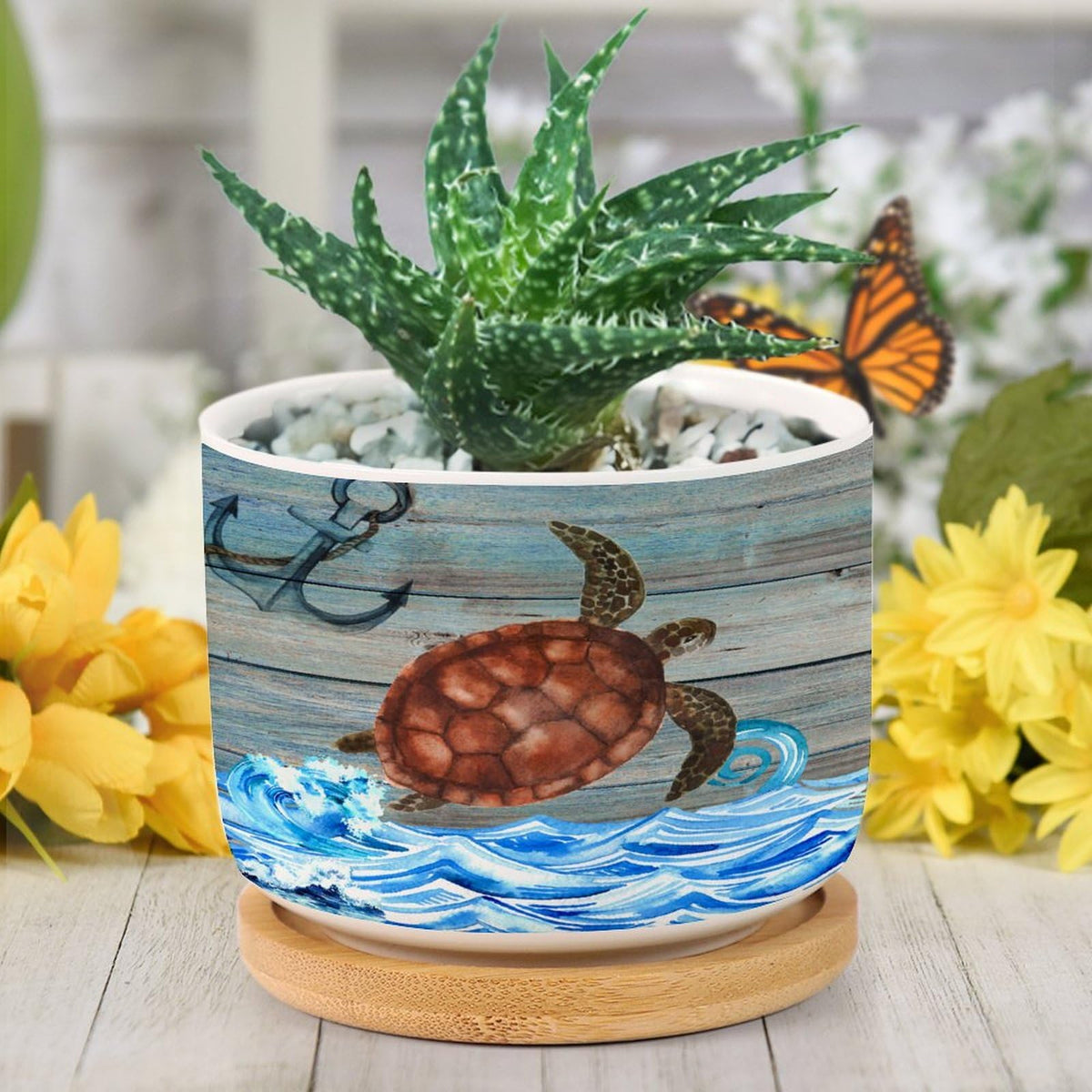 DreamAutumn Ocean Theme Sea Turtle Ceramic Pots for Plants with Drainage Holes Round Flower Pot Bamboo Tray Orchid Pot Succulents Pots for Outdoor Indoor Plants,Housewarming Gifts