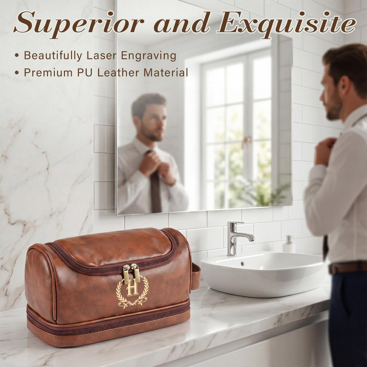 giftoria Father's Day Travel Toiletry Bag for Men, Leather Waterproof Shaving Kit Bag with Hanging Hook, Birthday Anniversary Christmas Presents for Father(S)