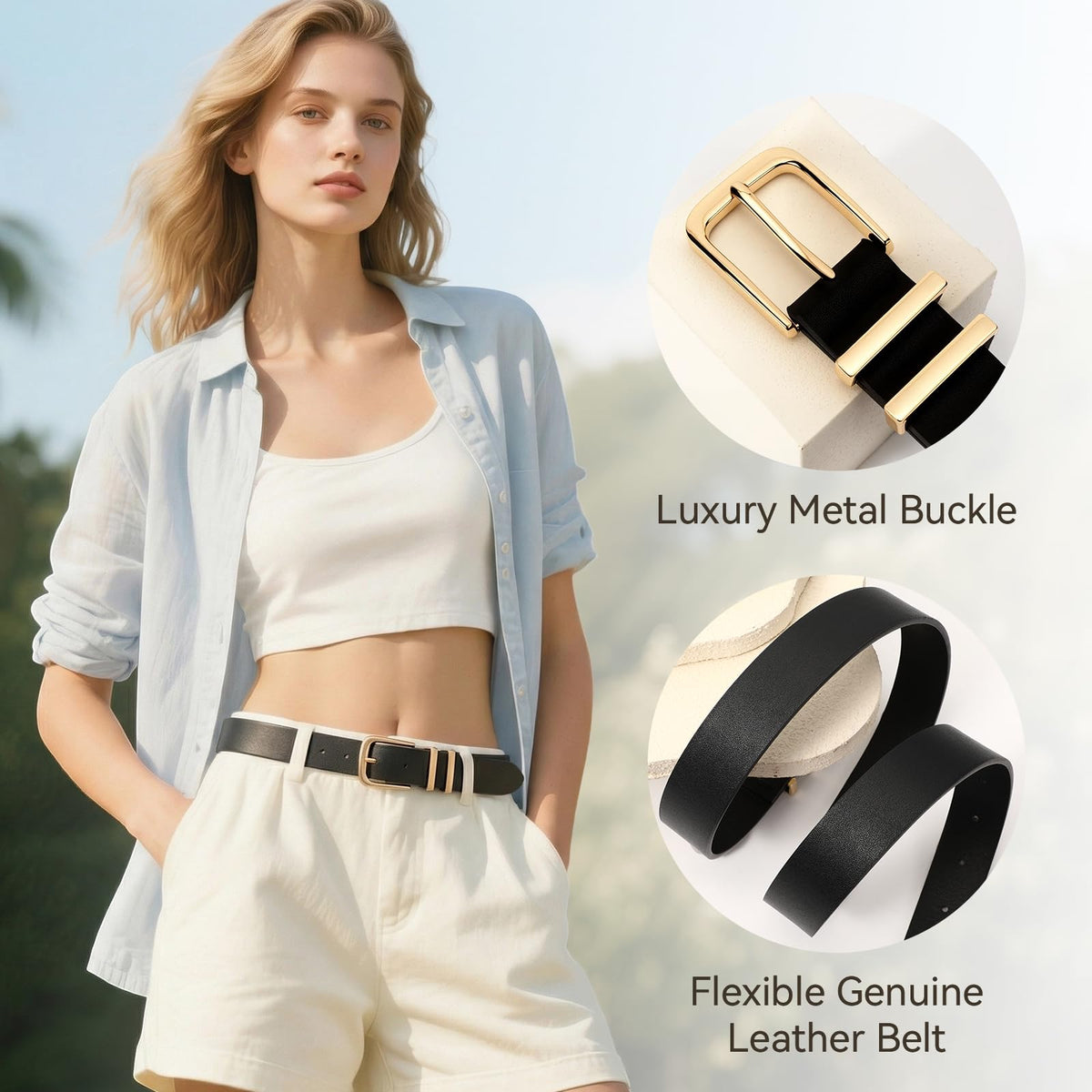 VONMELLI 3 Pack Women's Belts for Jeans Pants Fashion Gold Buckle Ladies Dress Belt, Black+Brown+Coffee S