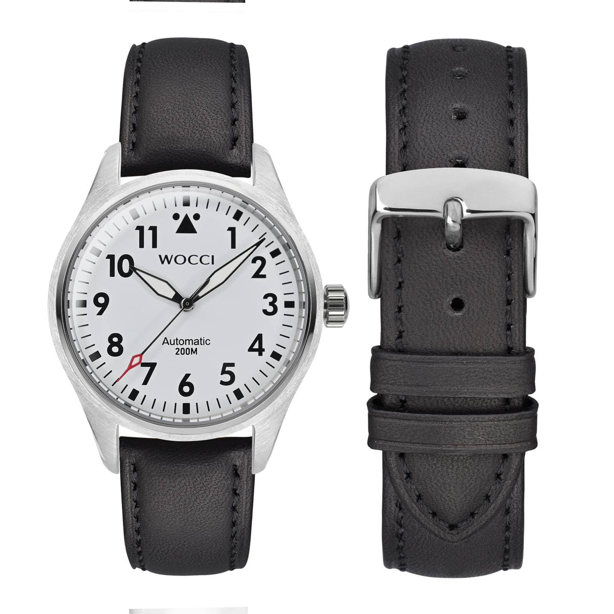 WOCCI 20mm Vintage Leather Watch Band for Men and Women, Silver Buckle (Black)