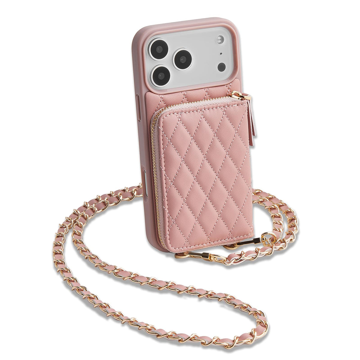 LAMEEKU for iPhone 17 Pro Max Crossbody Case Wallet, Leather Zipper Cover with Card Holder Wrist Strap for Women 6.9'' Pink