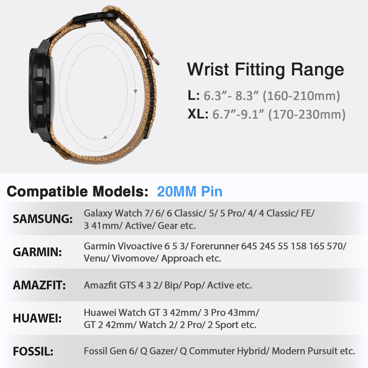 Nereides Band Compatible with Samsung Galaxy Watch 7 6 5 4 40mm 44mm/ Watch 6 4 Classic/Watch 5 Pro/Watch 3 Classic 41mm/Active 2, 20mm Nylon Replacement Sports Strap for Men Women(Light Brown,L)