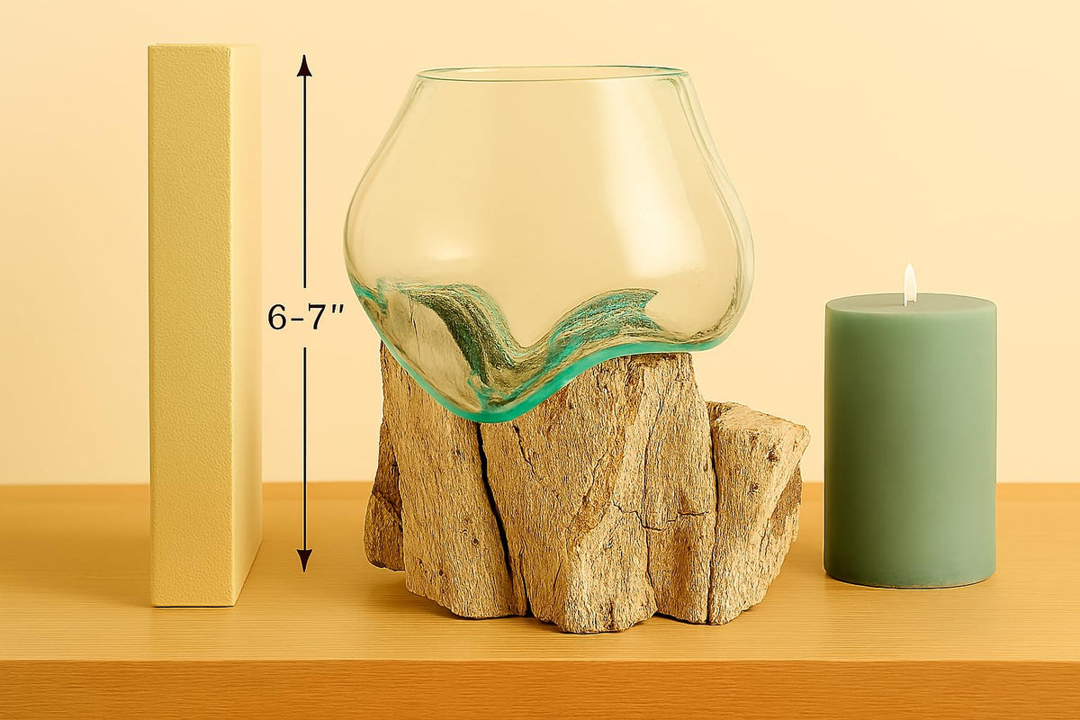OMA Molten Glass on Driftwood – Hand-Blown Melted Glass Vase, Terrarium, or Planter for Coastal & Boho Home Décor (6"–7" High)