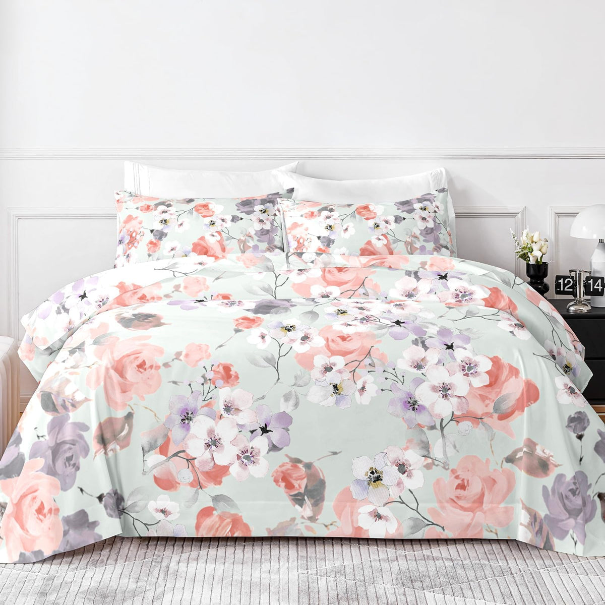 HCORA Floral King Size Sheets Set, Luxury 1800TC Hotel Quality Double Brushed Microfiber Deep Pocket Bed Sheets, Ultra Soft, Breathable and Cooling, 4PC, King