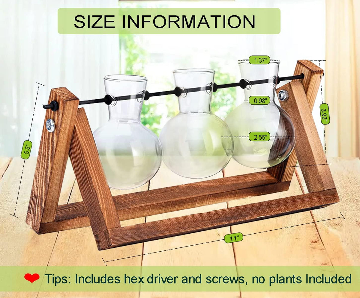 Kingbuy Plant Propagation Station – 3 Glass Bulb Vases with Wooden Stand, Boho Desktop Terrarium for Hydroponics Home Office Window Sill Decor, Unique Gift for Women Plant Lovers