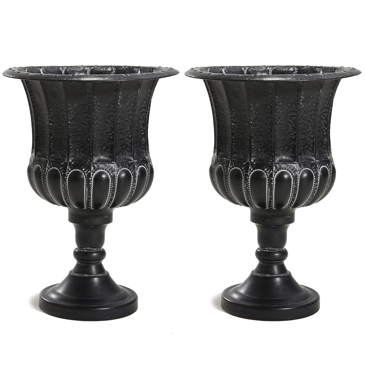 Worth Garden 25" H. Metal Urn Planters 2-Pack - Black Traditional Classic Iron Plant Pots - Large Decorative Rustic Flower Container for Patio, Front Porch, Outdoor Use