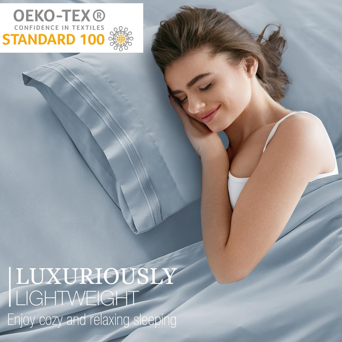 Yibeizi King Size Sheets Set Cooling Deep Pocket Bed Sheet Sets, Light Blue Soft Microfiber Oeko-Tex Hypoallergenic Sheets & Pillowcases Wrinkle Free Bedsheets