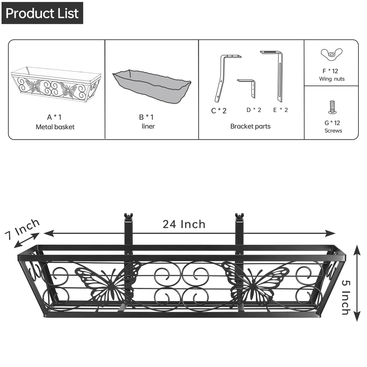 Karlliu 2 Pack 24 Inch Window Boxes Planters Railing Planter Box with Adjustable Brackets for Porch Fence Patio Balcony Hanging Flower Baskets with Woven Fabric for Outdoor Garden Decor - Black