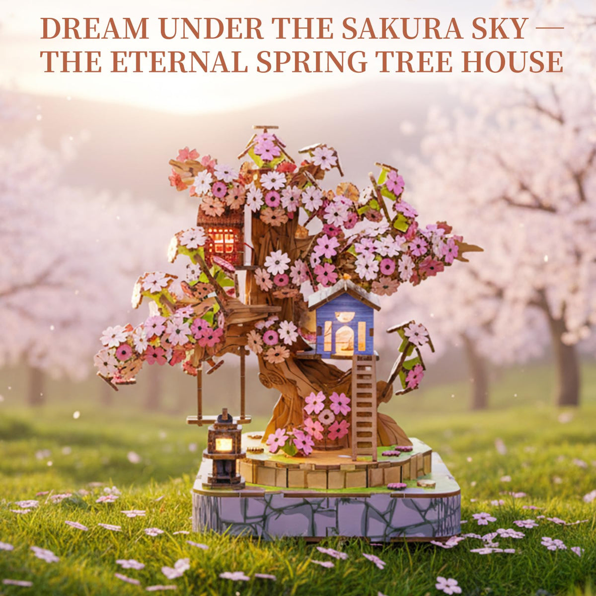 Sakura Tree House DIY Miniature House Kit for Adults, 564PCS 3D Wooden Puzzle with Light, Japanese Cherry Blossom Building Set, Wooden Craft Model Home Decor Gift