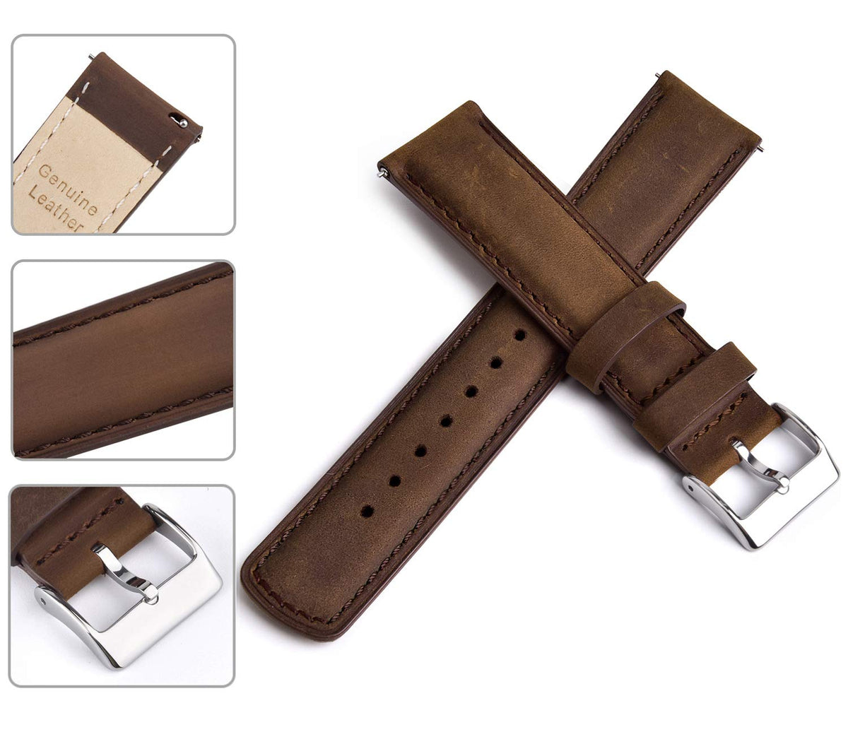Ritche Genuine Classic Vintage Quick Release Leather Watch Band 18mm Leather Watch Strap (Espresso Brown), White Elephant Gifts, Stocking Stuffers for Men, Father's Day gifts