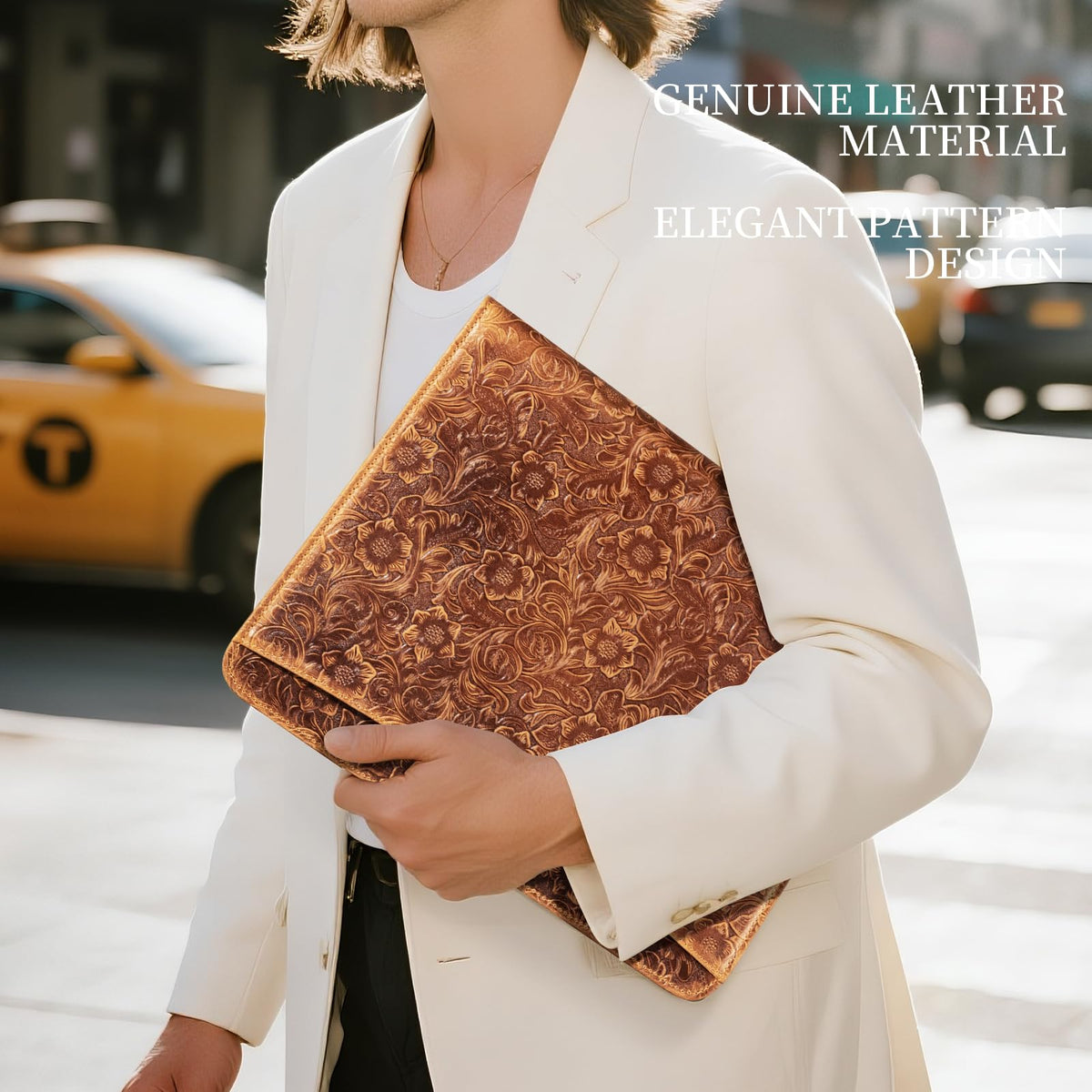 Gexmil Leather Portfolio Organizer for Women Men, Business Padfolio Folder with Zipper, Full Grain Leather,Interview Legal Document File Resume Organizer, A4 Writing Notepad Padfolio, Floral Brown