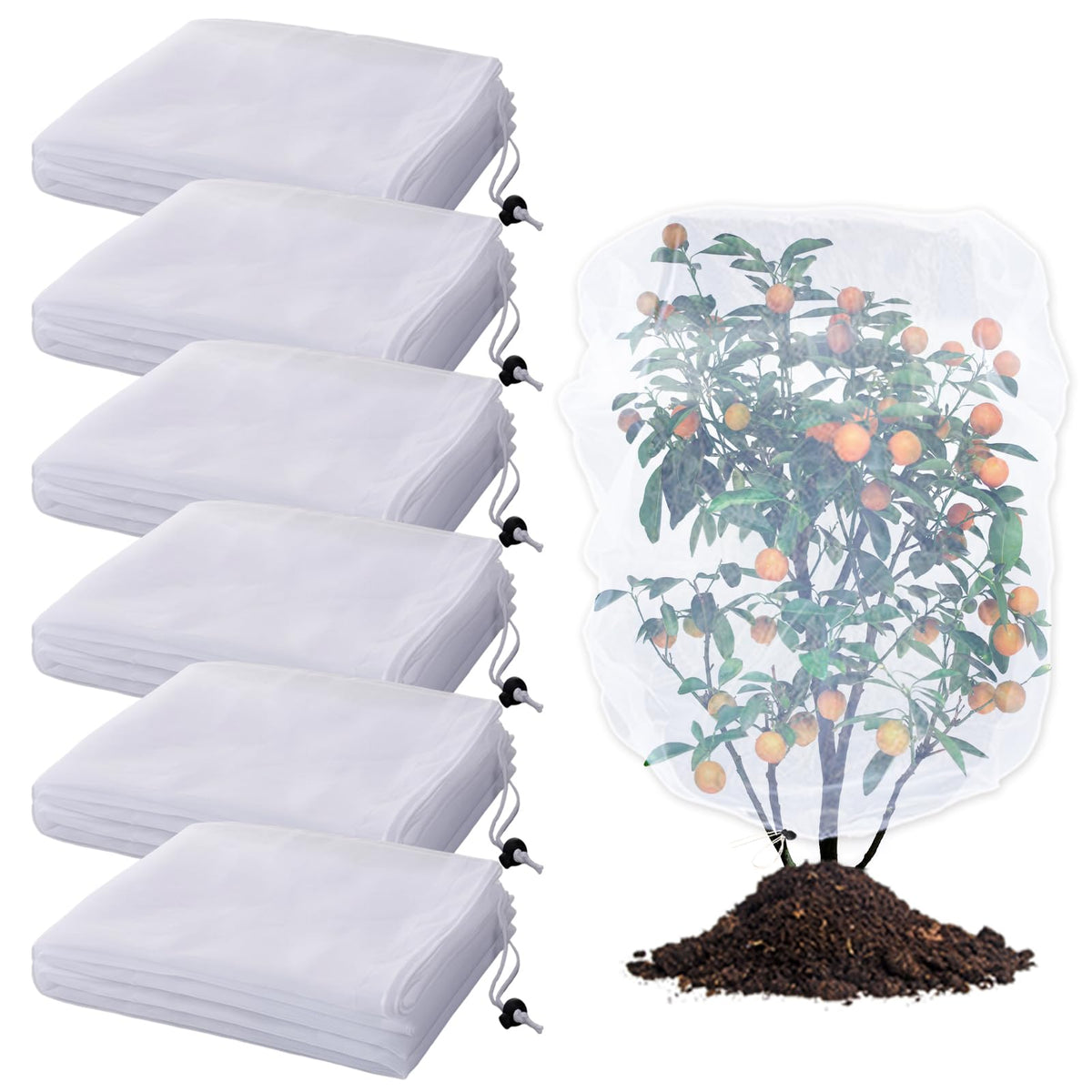 6 Pack Insect Bird Netting Cover - 4x5FT Garden Netting Blueberry Bushes Plant Covers with Drawstring, Fine Mesh Fruit Tree Net for Protecting Lemon Orange Large Plants from Barrier Squirrel Deer