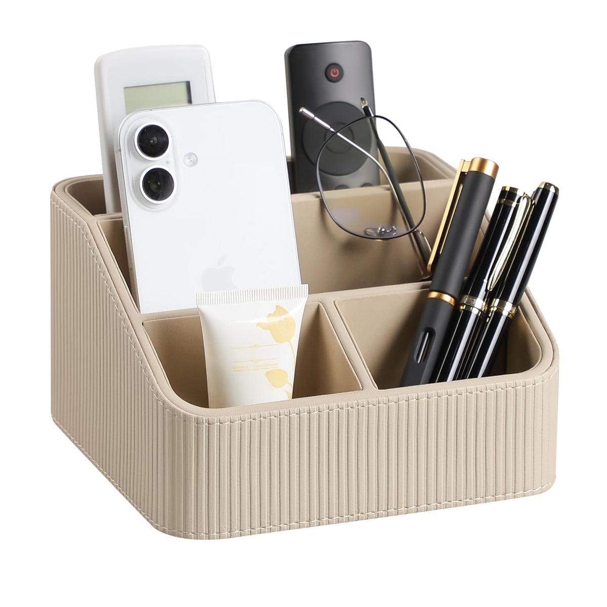 Cretkhp Remote Control Holder with 4 Compartments, PU Leather Small Nightstand Organizer for Home Desk Accessories Office Supplies, Multifunctional Stylish Small Bedside Desktop Organizers (Beige)