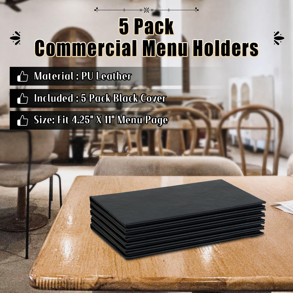 FLKQC Menu Covers 4.25" x 11" – 5 Pack 2 View Black PU Leather Restaurant Menu Holders, Double Panel with Angled Corners for Food Menus, Wine Lists & Drink Specials & Cocktail, Perfect for Parties