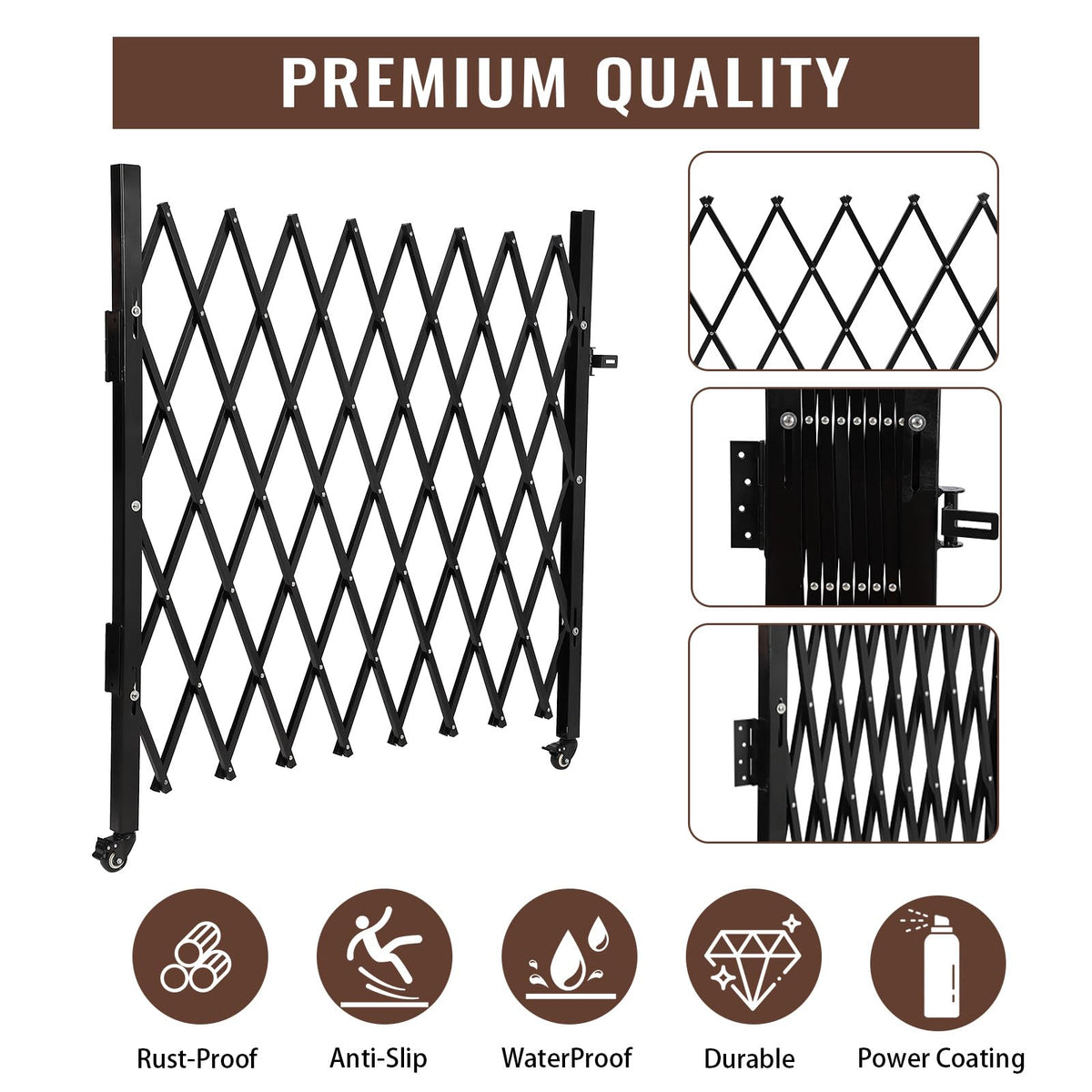 SierraSquad Single Folding Security Gate 85" H x 95" W, Steel Expandable Fence with 360° Rolling Wheels for Courtyard, Garage, and Garden Access Control