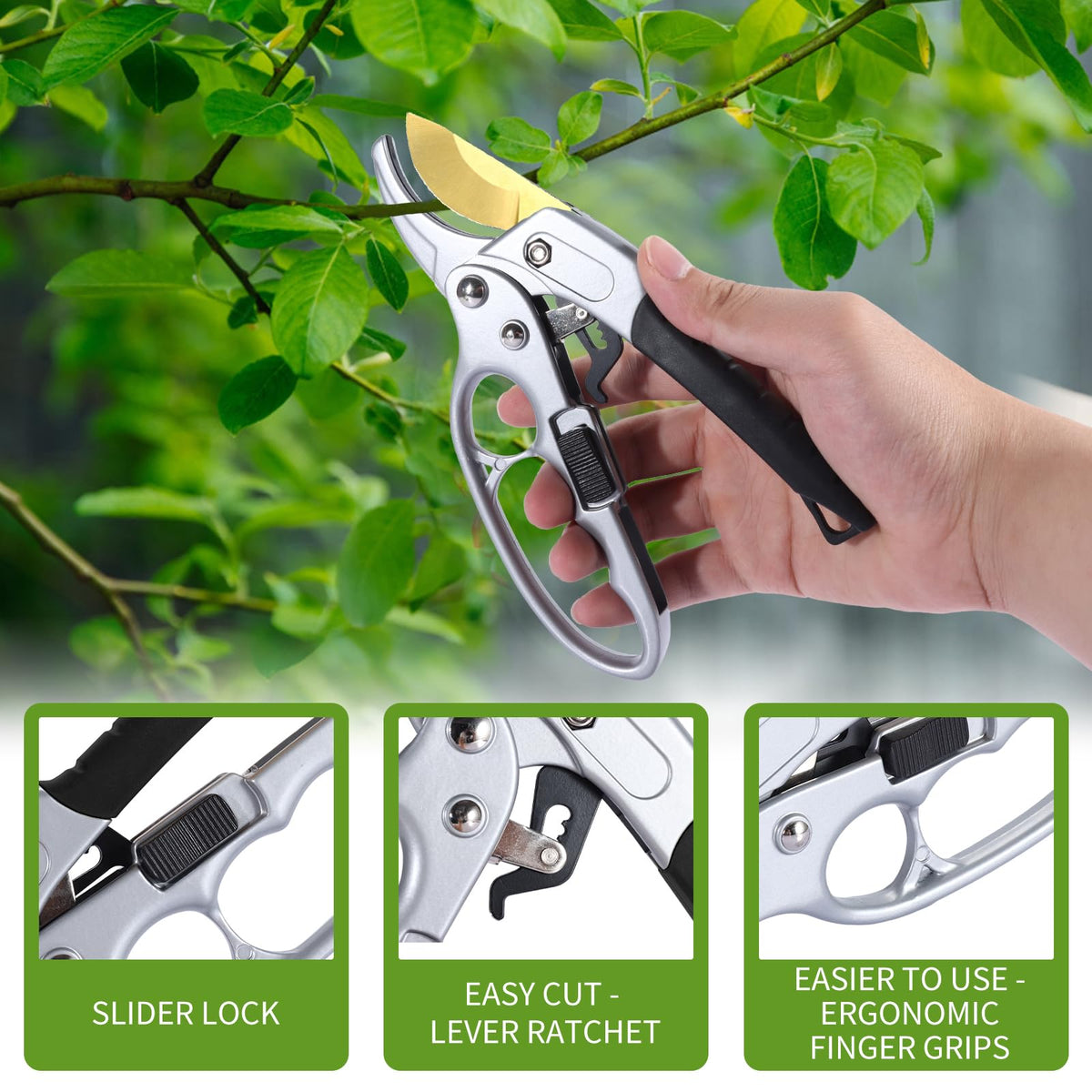 MEPEREZ Garden Clippers, Premium Germany Titanium Pruners, Work 3 Times Easier, Ratcheting Pruning Shears, Cutting Rose, Flower, Hedge, Stem, Tree, Sharp Gardening Scissors, Arthritis Weak Hand Snips
