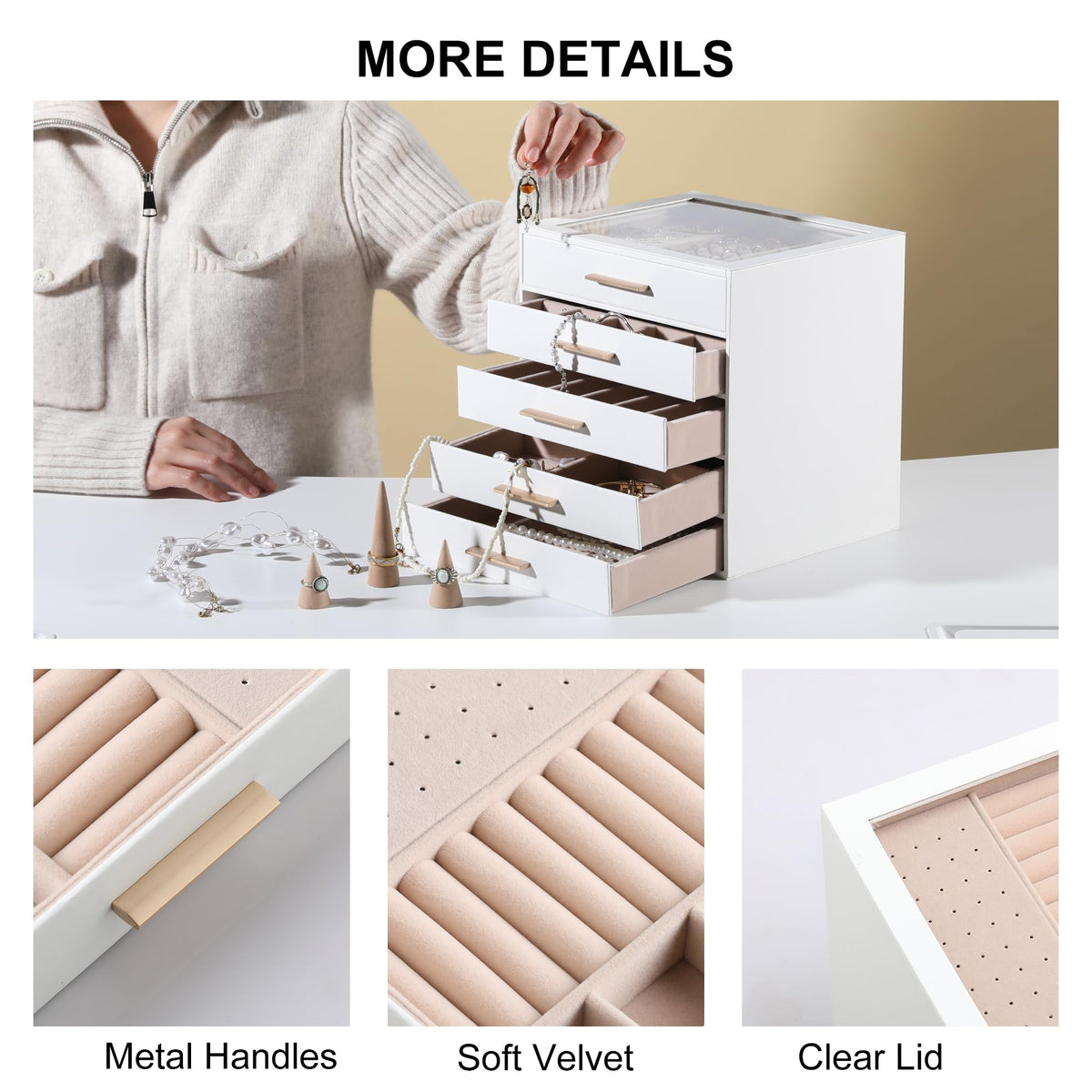 Frebeauty Clear Lid Jewelry Box,5-Layer Jewelry Organizer with Drawer,PU Leather Jewelry Organizers and Storage,Jewelry Boxes for Women,Jewelry Storage for Rings Earring Stud,Gift for Women(White)