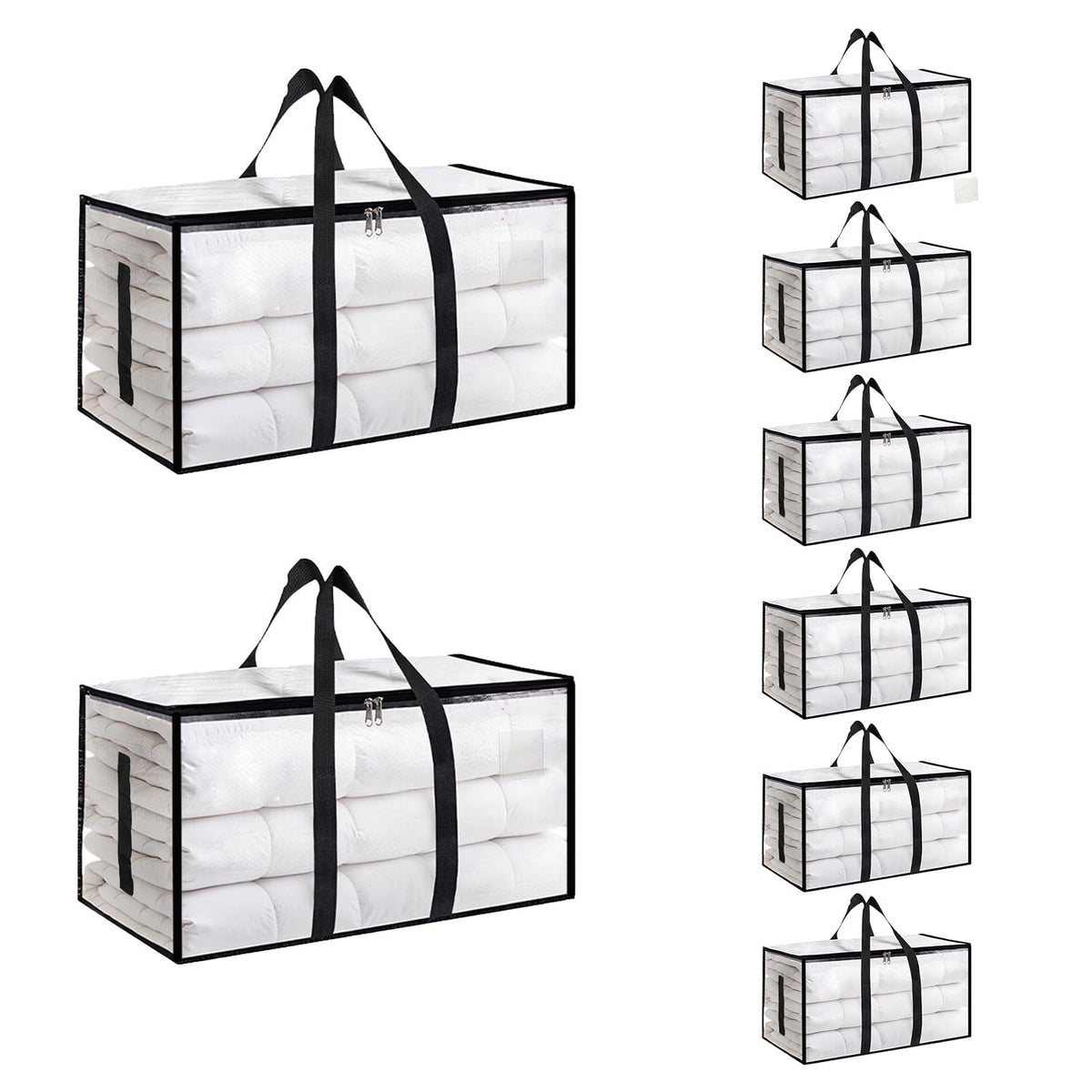 8 Pack-Extra Large Heavy Duty Moving Bags - Waterproof Storage Totes with Handles & Zippers, Foldable for College Dorm, Storage (Clear)
