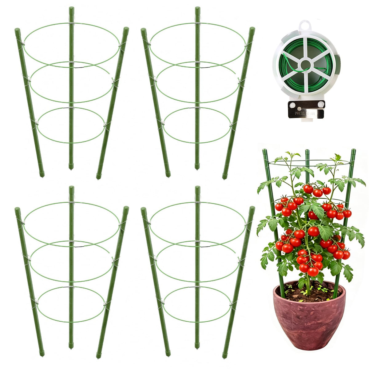JCKHXG 4 Pack Tomato Cage, 18 inches Plant Support Cages for Garden, Upgrade Garden Plant Stakes with Adjustable Rings, Plants Trellis for Tomato, Flower, Climbing Plants, with Twist Tie