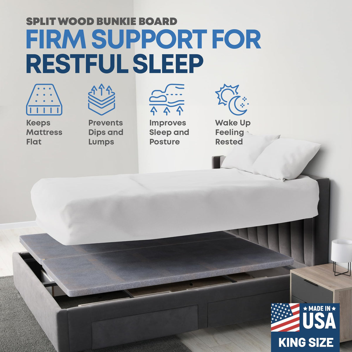 Greaton, 1.5" Split Wood Bunkie Board King Size Bed, Under Mattress Support, Fully Assembled, Fabric Ventilation Cover-Replaces Wooden Slats or Box Spring for Bed Frames